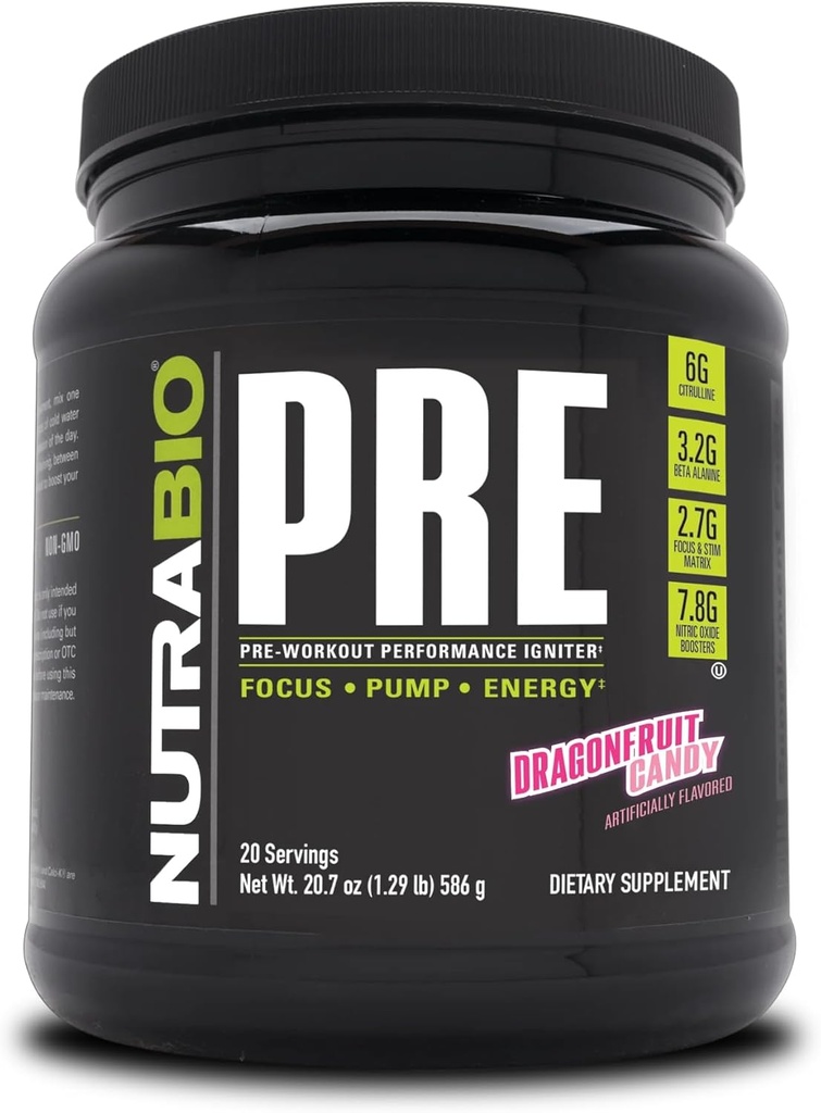 NutraBio PRE polvere di allenamento - Old Formula-Sustain Energy, Mental Focus, Endurance - Beta Alanine, Creatina, Caffeina, Elettroliti - 20 Serve - Dragonfruit Candy