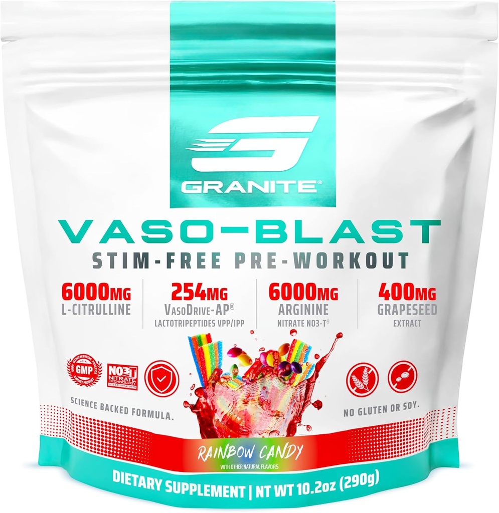 Granito Integratori Vaso Blast, Rainbow Candy Flavor, Stimolant-Free Pre Workout per gli uomini e le donne con estratto di semi d'uva, Arginina Nitrite, & VasoDrive-AP per Max Pump (20 Servings)