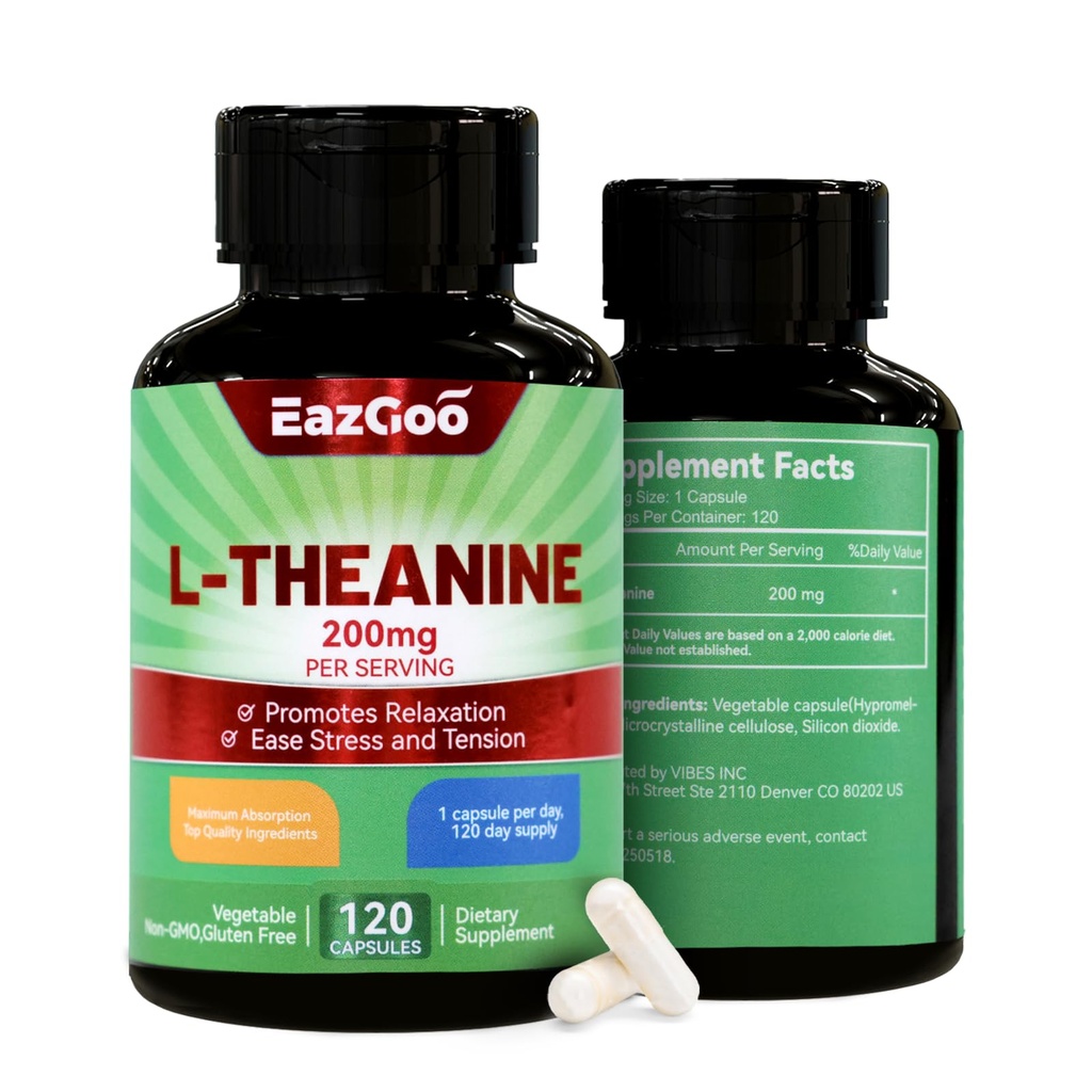 L-teanina 200mg, Aminoacido Supplemento al supporto Rilassamento, Stress, L Theanine Capsules - Non OGM, Gluten Free, 240 Veg Capsules