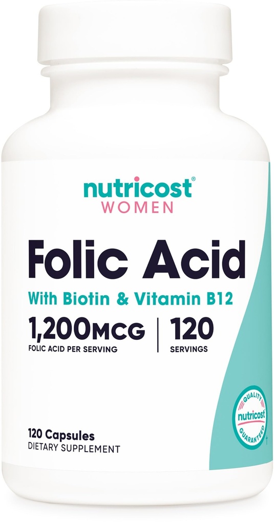 Acido folico Nutricost per le donne (Vitamina B9) 1200 mcg, 120 capsule, con B12 e Biotina, Capselli di verdure, Non OGM & Gluten Free