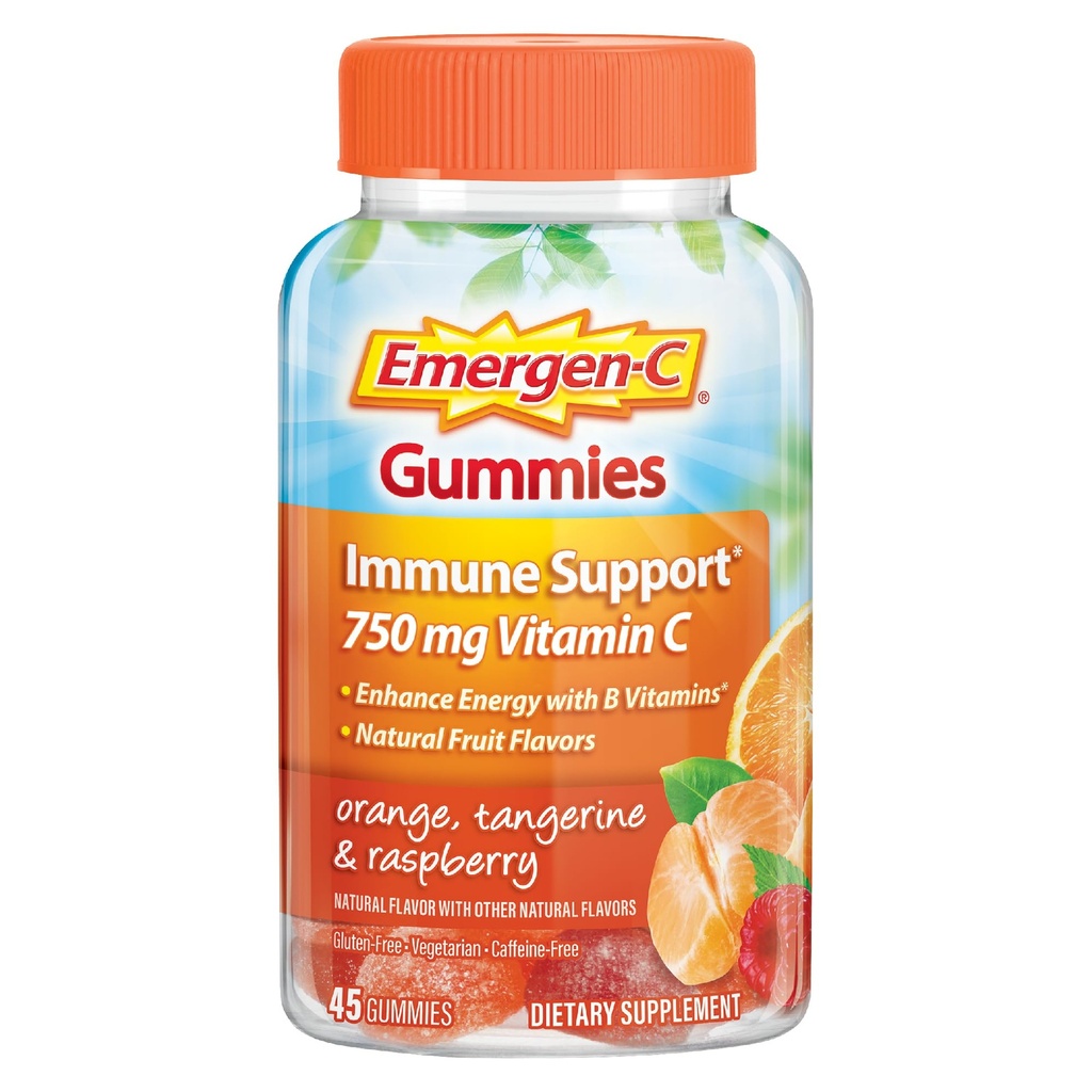 Emergen-C 750mg Vitamina C Gummies per adulti, Gummie Immunità con vitamine B, Gluten Free, Arancione, Tangerino e Sapori di lampone, Back to School Essentials - 45 Conte