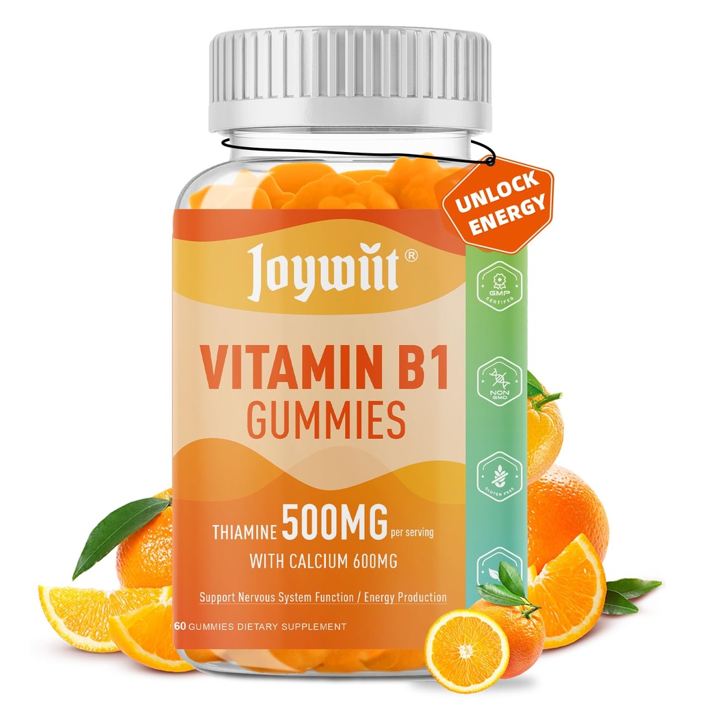 Vitamina B1 Gummies 500mg, Chewable Thiamine B1 Supplemento per gli adulti, con Citrato di calcio 600mg, Supporto Nervoso System, Vegan, Natural Orange Flavor