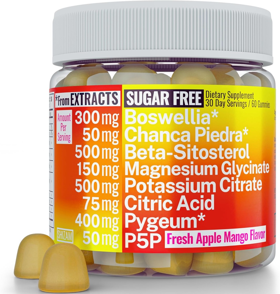 Boswellia Chanca Piedra Pygeum Beta-Sitosterol Gummies con Magnesium Glycinate Citrate P5P | Stone Breaker Prostate Kidney Stone Uric Acid Flush & Cleanse | Pills Capsules Supplement Alt