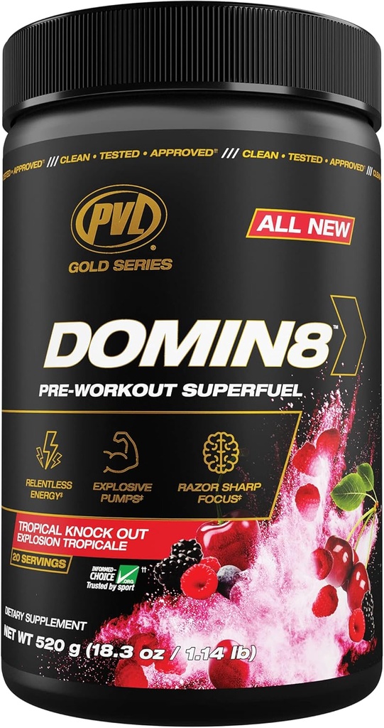 PVL Gold Series Domin8 | Pre-Workout Superfuel - Dose completa Preworkout - 520 g - Tropical Knock Out