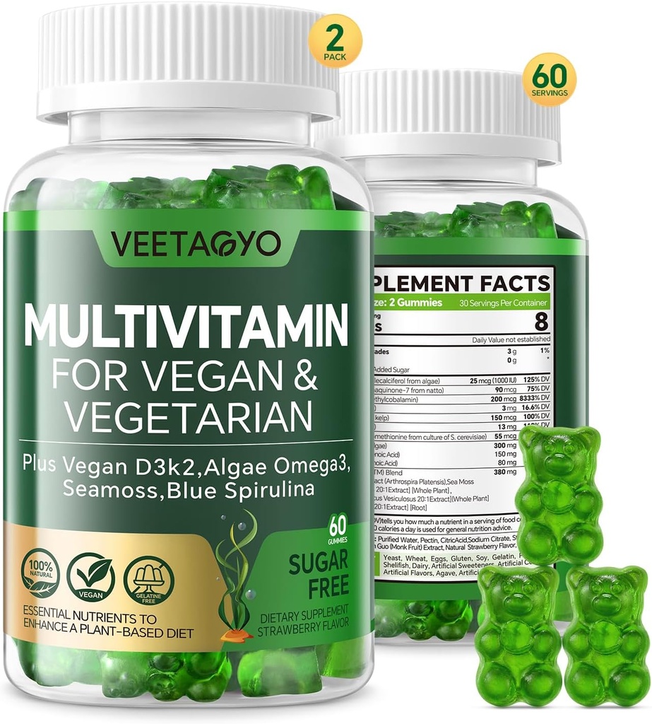 Vitamina D3 + K2-1000IU D3 90mcg K2 - Multivitamina per Vegetariani e Adulti w/Algae Omega-3,Iron,Metilico B12,Seamoss,Iodina per Bone,Muscolo,Energia, Supporto per l'immunità- Zucchero libero,Gluten-Free,120 Conte