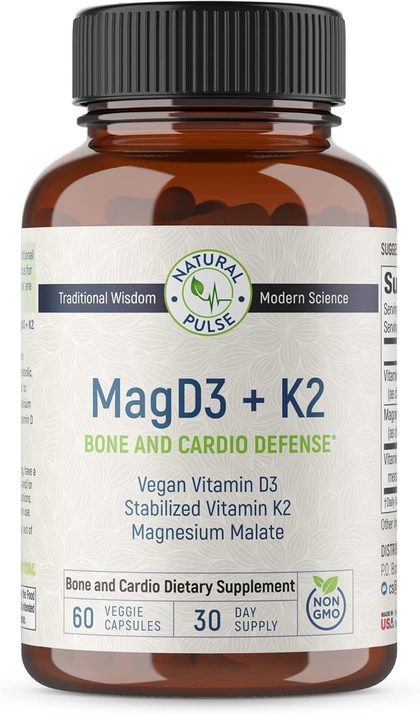 Magnesio Malato + Vegan Vitamin D3 + Vitamina stabilizzata K2, Integratore di supporto completo per l'energia cellulare, cardiovascolare, Immune e Metabolic Health & Bone Strength, 90 Cap Veggie