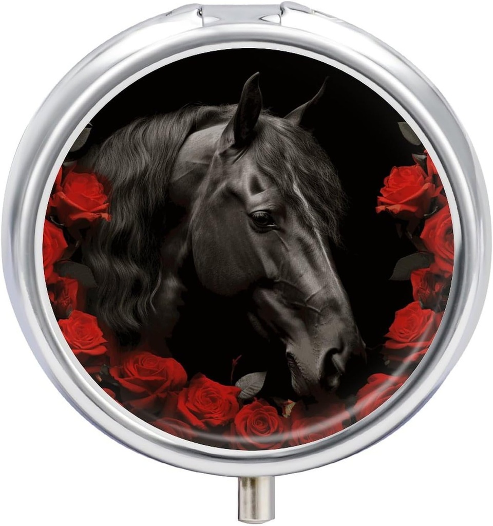 Cavallo nero su uno sfondo di Rose rosse Pillola Caso 3 scompartimento Portatile Pillola Box Daily Round Pill Organizer per Pocket Purse Daily Medicine Container per tenere vitamine Fish olio viaggio regali