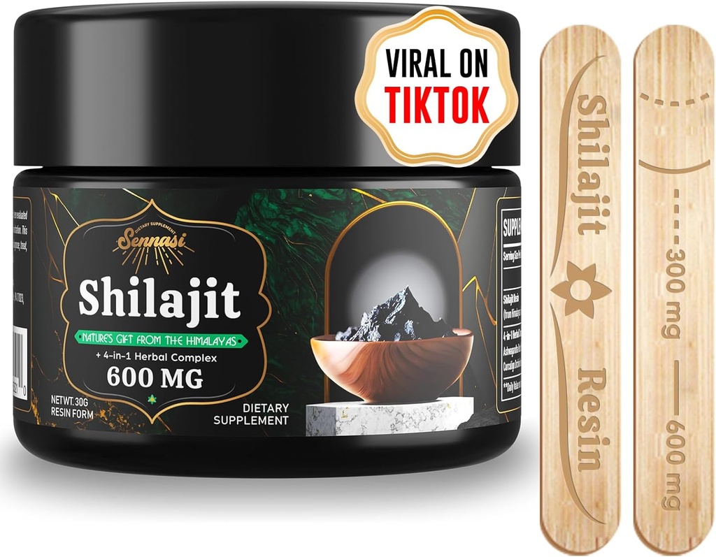 Sennasi 600 MG Shilajit Resina - Integratore Shilajit con Acido Fulvico & 85+ Minerali di Trace per Energia, Immunità, Potenza del Cervello, 30 Grammi