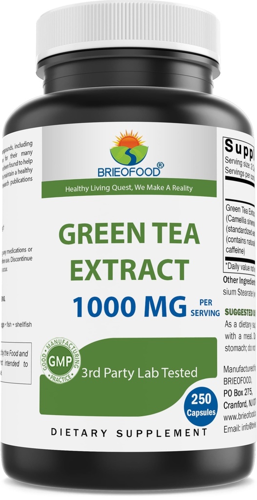 Estratto di tè verde Brieofood 1000 mg per porzione (Min 50% Polyphenols) - 250 capsule - laboratorio di terze parti testato per purezza e qualità