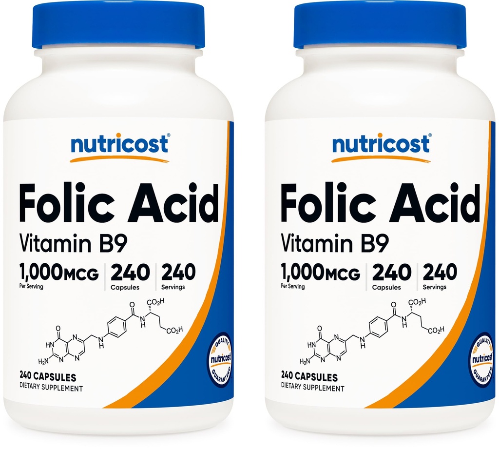Acido Folico Nutricost (Vitamina B9) 1000 mcg, 240 capsule (2 bottiglie)