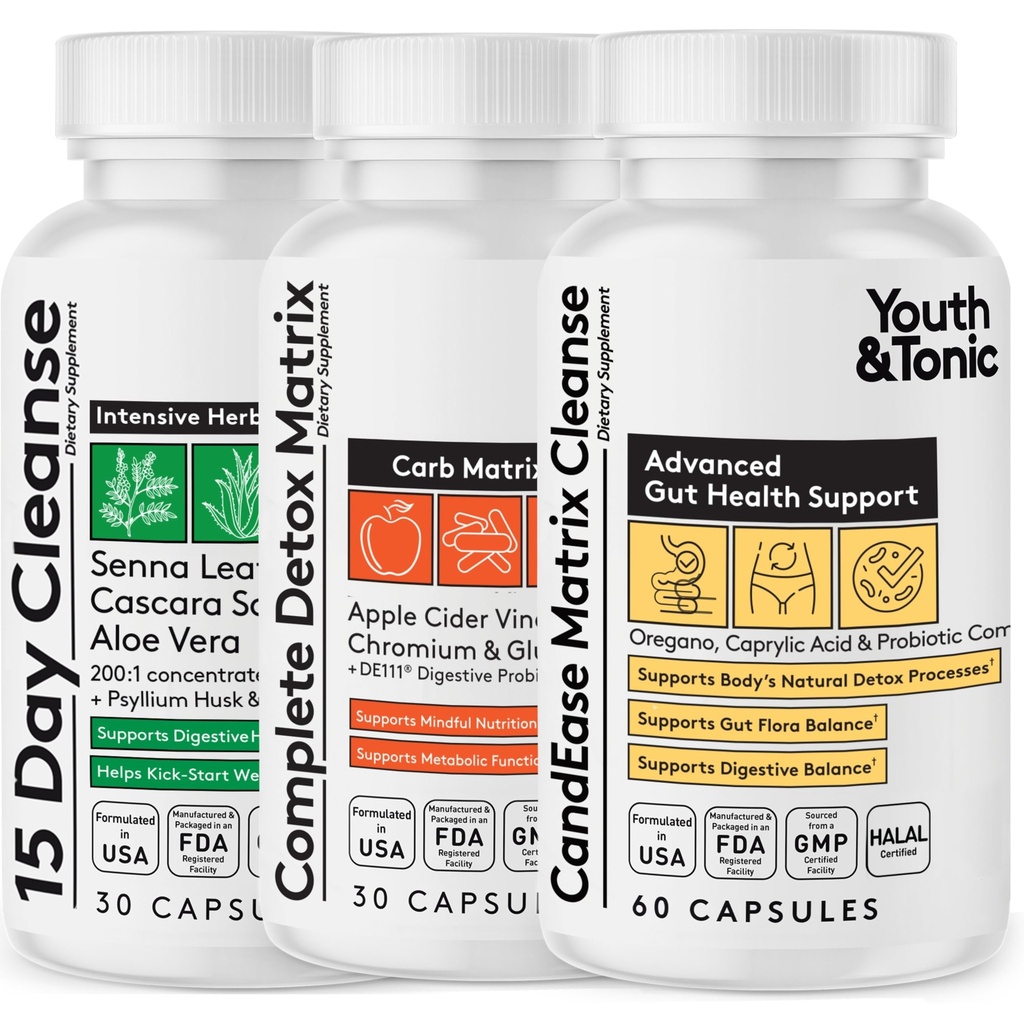 CandEase Matrix Pills & Colon Cleanser & Complete Detox Matrix Fast Kit Bundle 3pk | Caprylic Acid Oregano Protease & Cellulase Enzymes Lassativi ACV Chromium & 100 Bil CFU/g Probiotici digestivi