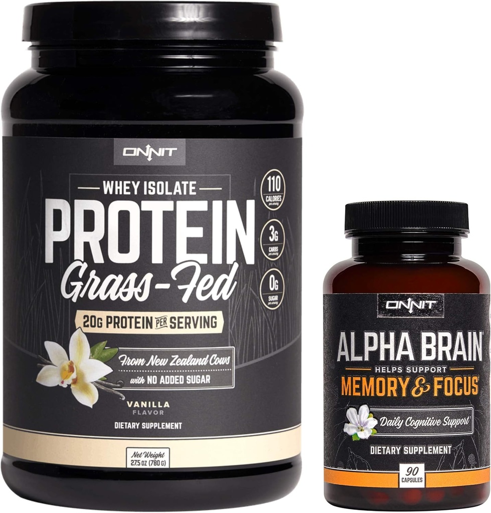 ONNIT Nootropic + Nutrizione sportiva Stack - Cervello alfa (90ct) + Grass Fed Whey Protein (Vanilla)