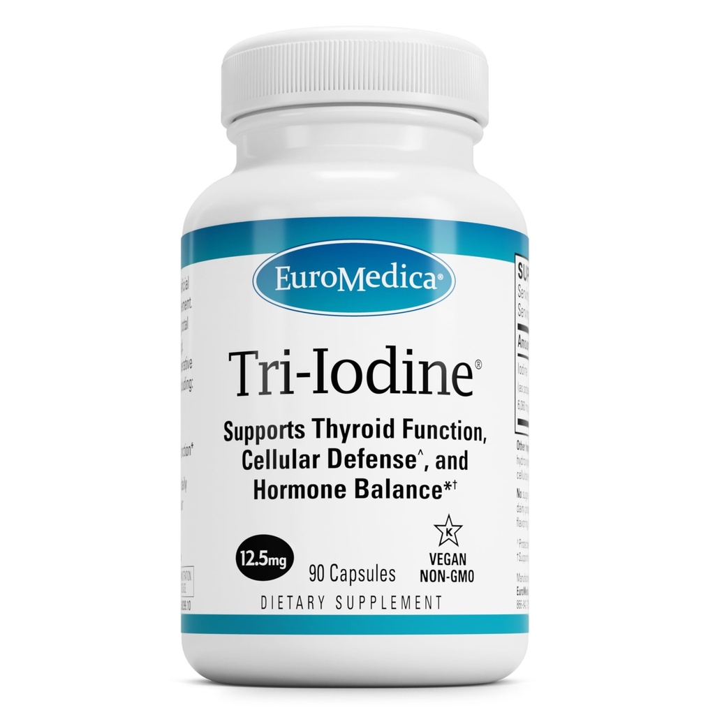 EuroMedica Tri-Iodine - Supporta la salute della tiroide - aiuta l'equilibrio dell'ormone con l'iodio molecolare da Kelp - Caratteristiche Iodido di potassio & Sodio - Brain & Energy Support - 12.5mg, 90 Capsule