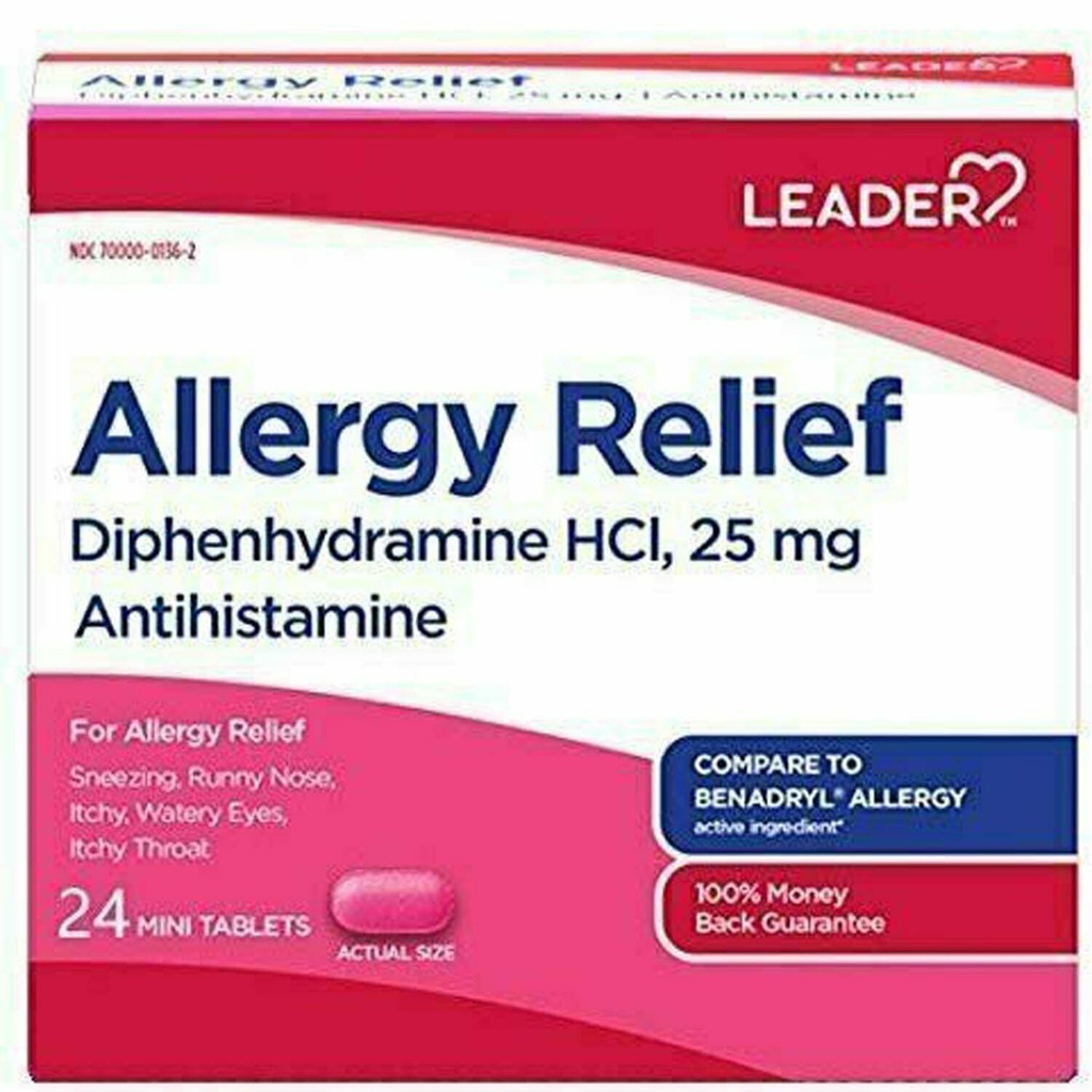 Leader Antistamina Allergia Rilievo Difenidramina HCl, 25 mg Mini compresse, 24 conte