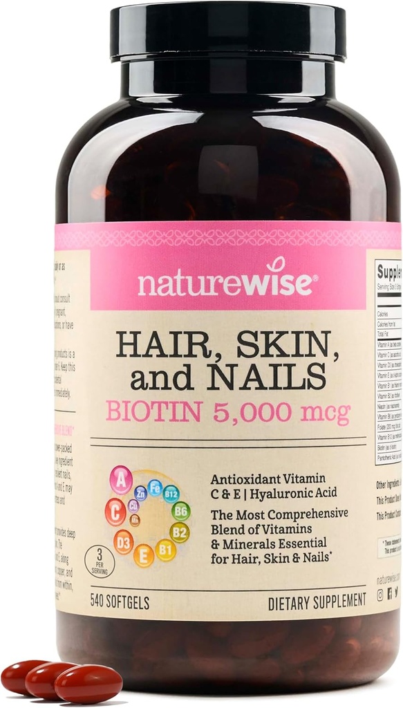 NatureWise Hair Skin and Nails Vitamin, Biotin 5000mcg w/Hyaluronic Acid, Collage per le donne con C, B Complex, D3, A, E, Iron - Non OGM, Gluten Free - 540 Softgels[6-Month Supply]