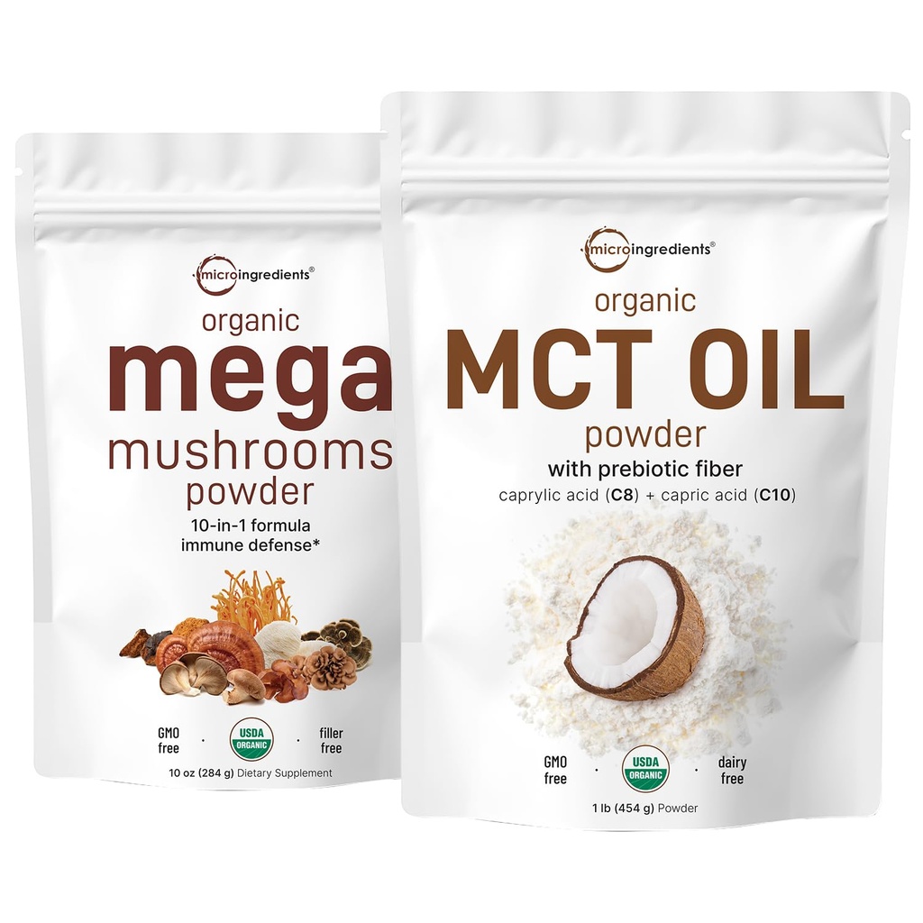 Micro Ingredienti Organic Mega Mushroom Polvere 10oz & Organic MCT olio polvere 1lb Bundle 2 Pack | 10 in 1 Mushroom Complex | C8 MCT Olio, Crema a base di piante