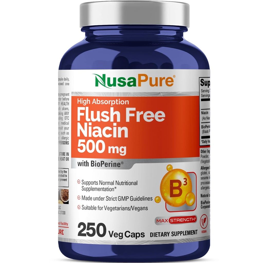 NusaPure Flush Free Niacin 500mg 250 caps (Vegan, Non OGM & Vegan) Bioperine