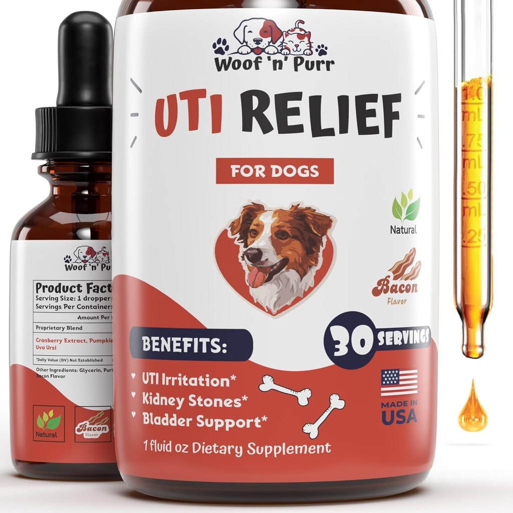Cane naturale UTI Trattamento - UTI del cane - Trattamento delle infezioni del tratto urinario del cane - Trattamento del cane UTI - Supplemento del cane UTI - Cane UTI Cranberry - Supplemento del mirtillo del cane - 1 fl oz - Sapore di pancetta