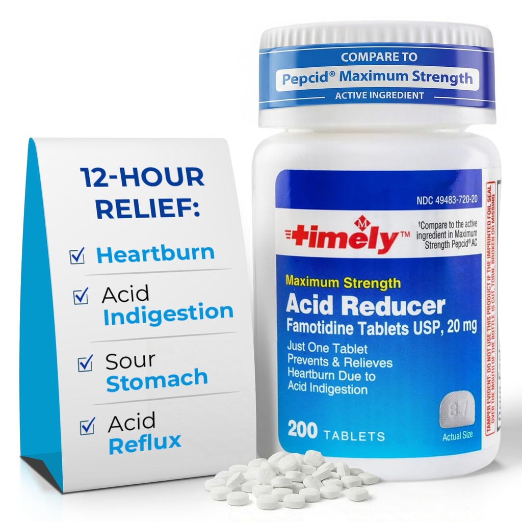 Riduttore di acido tempestivo Famotidina 20mg - Medicina di riflusso di acido anatico per i sintomi di indigestione di bruciore e di indigestione acida - 200 compresse