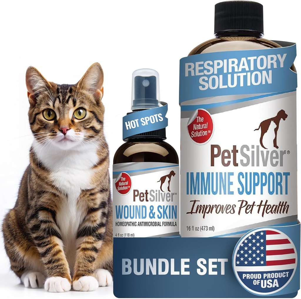 PetSilver - Supporto immunitario (16 fl oz) e Wound & Skin Spray (4 fl oz) con Argento Brevettato - Allergie, Sinus & Cough Treatment - Wound Care & Hot Spot Spray per Gatti e Cani - Made in USA