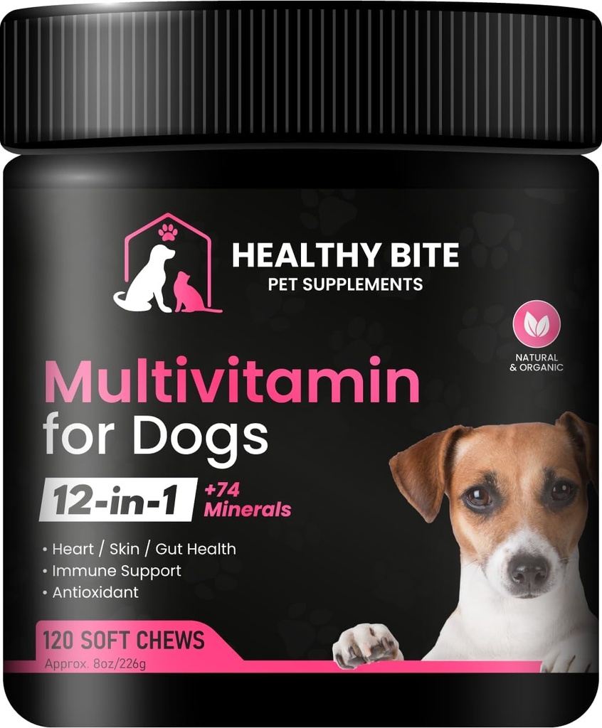 Salute Bite 12 in 1 Multivitaminico per Cani - Integratore di Pelle e Cappotto, Supporto Immune, Vitamine Pet, Calcio per Cani Made in USA - 120 Conte