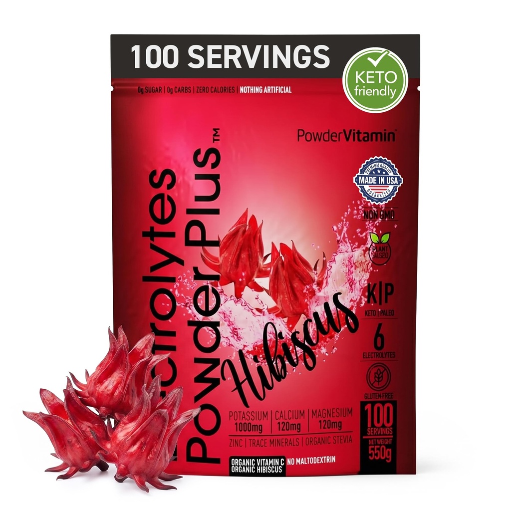 PolvereVitamin Electrolytes Powder Plus (100 Servings) Hibiscus Electrolyte Powder Zero Calorie Keto,0 Zucchero, No Maltodextrin, 1000mg Potassium, 120 mg di calcio, 120 mg di magnesio, polvere di idratazione