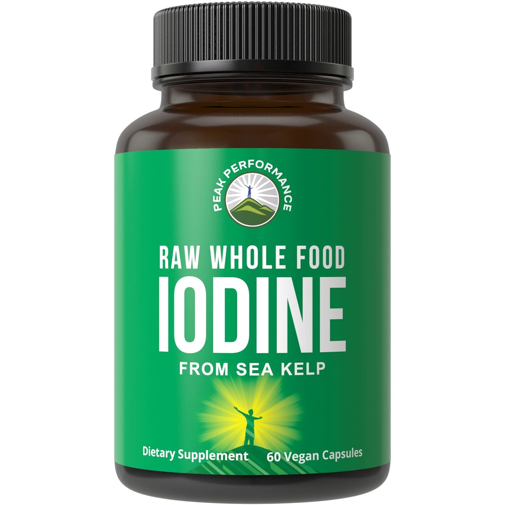 Supplemento Raw Whole Food Iodine di Organic Kelp (Ascophyllum Nodosum) di Peak Performance. Potassium Iodide Support Tablets. per Metabolismo, Energia e Immune. 60 capsule vegane, pillole.