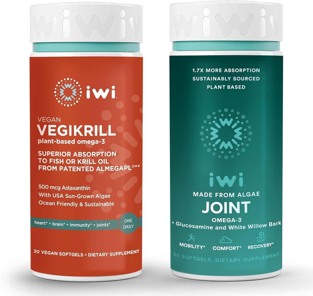 iwi Life Vegikrill & Joint Omega-3 Bundle, 30 Serve, Vegan Algae Omega 3, Krill & Fish Oil Alternative, No Fishy Aftertaste