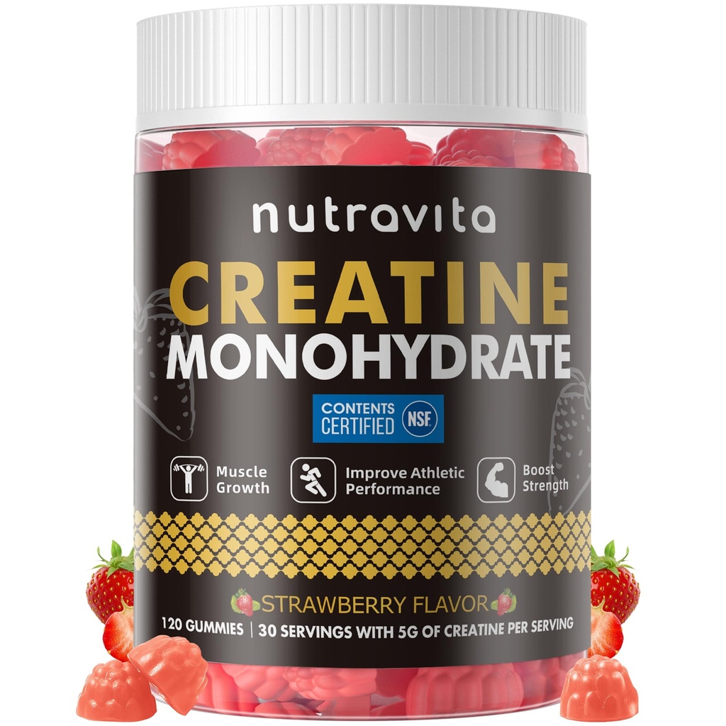 Nutravita NSF Certified Creatine Gummy - Creatine Monohydrate Gummies per Men & Women-5g di Creatina Monoidrato per Serving - Sugar Free,Vegan, Strawberry Flavor, 120 Count