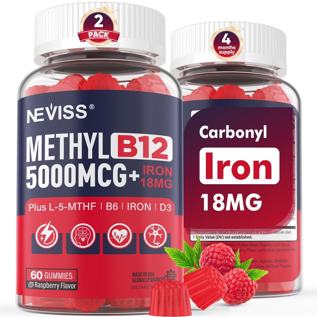 NEVISS Methyl B12 Vitamins 5000 mcg Gummies + Iron 18 mg per le donne - Active Methylcobalamin Methylated B12 Vitamin Supplement w/L-MethylFolate, B6 (P5P) & D3 per l'energia & Focus Support, 120 Servings