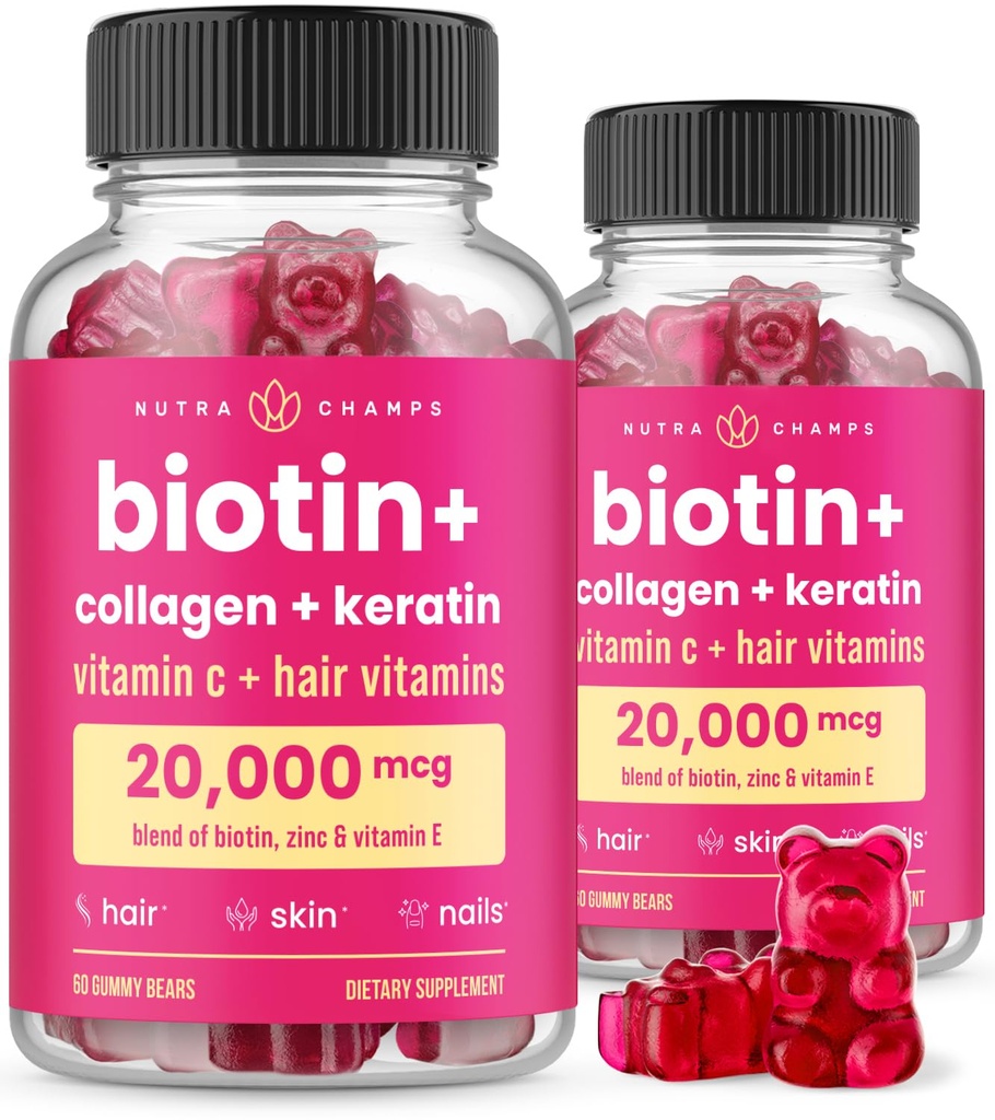 NutraChamps Hair Skin & Nails Gummies, Biotin con Collagen & Keratin, 5000mcg Biotin Beauty Complex, Integratore di Vitamina, Berry, 120 Count, Capelli Sani, Pelle Radiante & Strong Nails (Pack of 2)