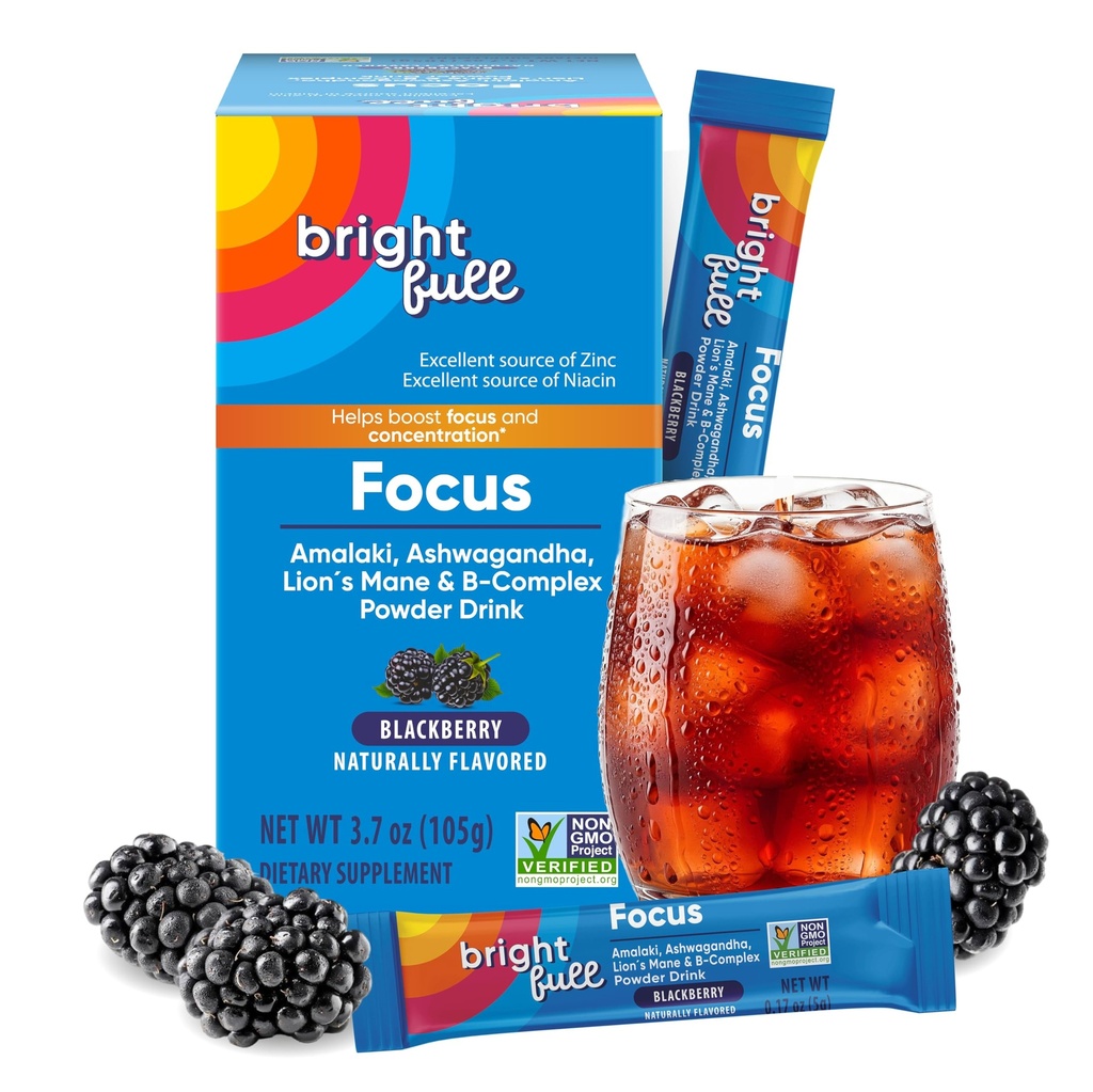 Supplemento Focus Zucchero gratuito Integratore alimentare Bere Mix con Ashwagandha, Lion’s Mane, B Vitamins B1 B2 B3 B5 B6 B12, per prestazioni cognitive & Clarity BlackBerry, alimentazione di 21 giorni
