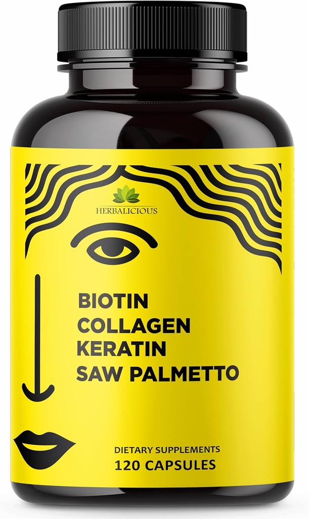 HERBALICIOUS Biotin Vitamine con Collagene, Keratin & Saw Palmetto per Donne e Uomini - Biotina 10000 mcg Ricostruzione Unghie per Capelli, Pelle e Nails Wellness - Made in USA, 120 Capsule