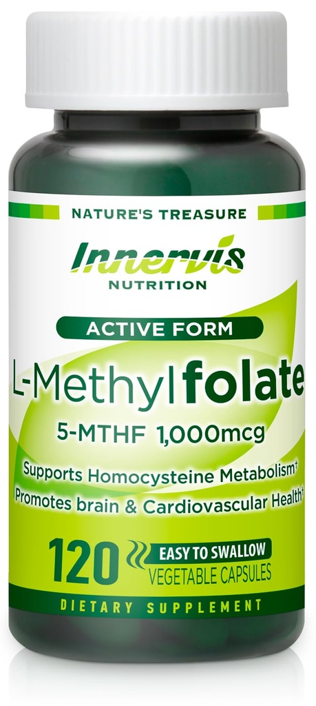 Folato bioattivo (L-5-MTHF 1000mcg, Folate 1700mcg) – Supporto per cervello e umore, Easy-to-Swallow, 120 capsule di veg