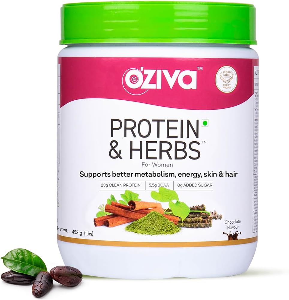 OZIVA Protein & Herbs per le donne | 500 Gm (16 Serve)| con Multivitaminici, Curcumina, Shatavari, Tulsi per il supporto Metabolismo, bilancia ormonale & pelle, salute dei capelli (1.1 Lb)