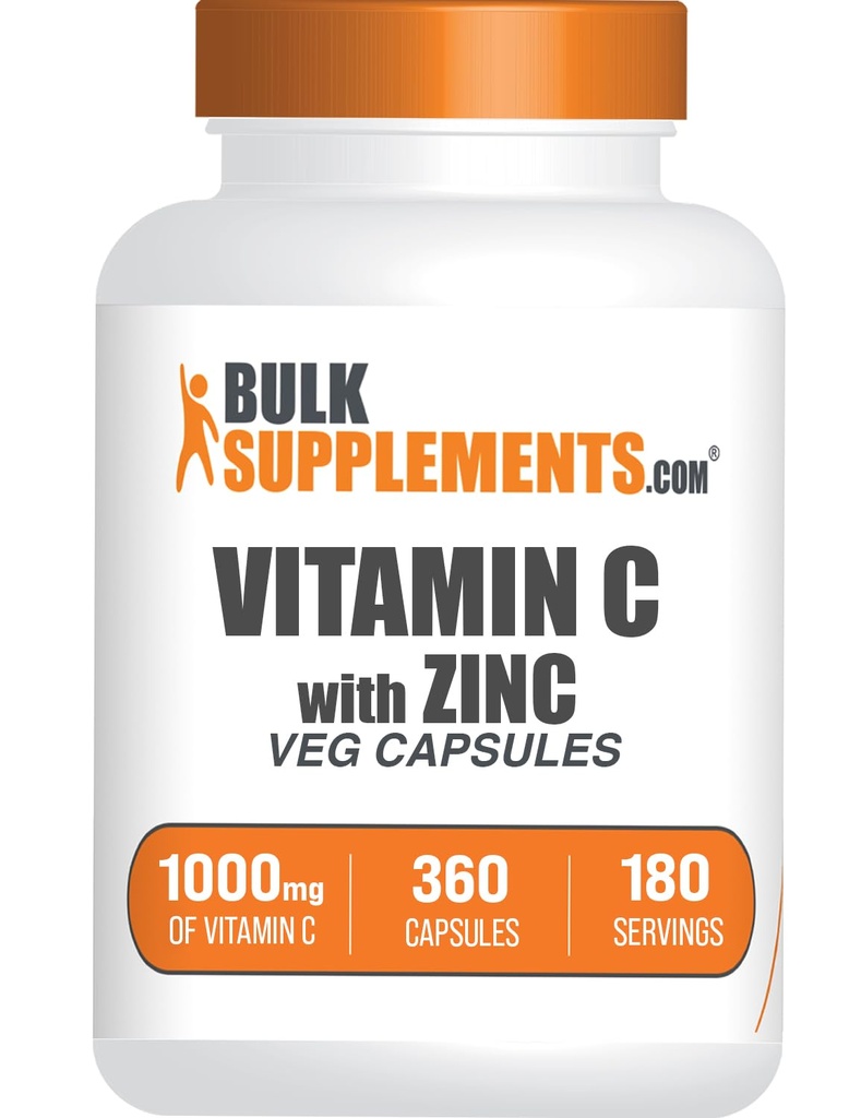 BulkSupplements.com Vitamina C con capsule di zinco - Vitamina C 1000mg & Zinc 15mg, per il supporto immunitario - Vegan, 2 capsule per porzione, 360 Veg Count (Pack of 1)