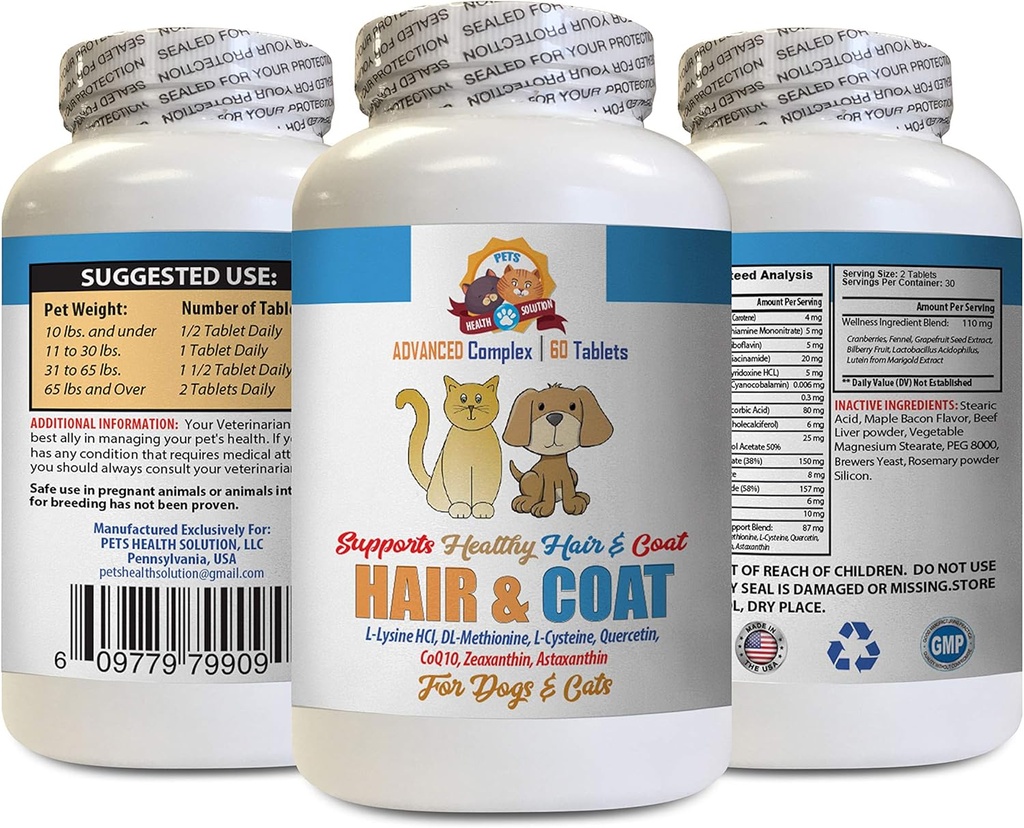 gatto Pelle e Cappotto Trattatura - Animali Cappotto e Cappotto Boost - per Cani e Gatti - Supporta Chiodi per Capelli Sani - Supplemento Vitamina per Gatti - 1 Bottiglia (60 compresse)