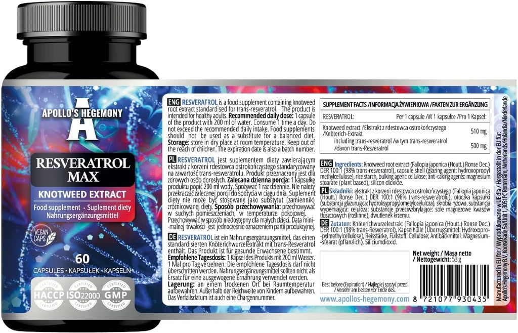 APOLLO'S HEGEMONY Resveratrolo Max - 500 mg per capsula - 60 capsule vegane - Estratto di elevata purezza 98% - Supporta la salute circolatoria - Antiossidante naturale - Supplemento alimentare