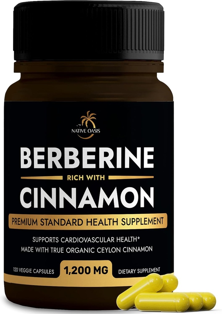 Berberina supplemento con Ceylon Cinnamon | Berberina HCL 1.200mg Plus Ceylon Cinnamon da Sri Lanka per la salute del cuore, perdita di peso & supporto immunitario | Non-GMO, laboratorio testato, zero fillers | 120ct.