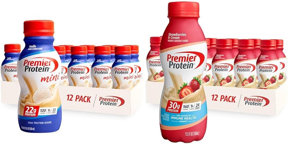 Premier Protein Shake MINIs Vanilla 22g Protein 120 Calories Confezione da 12 & Fragole Premier Protein Shake 30g Protein 160 Calories Confezione da 12