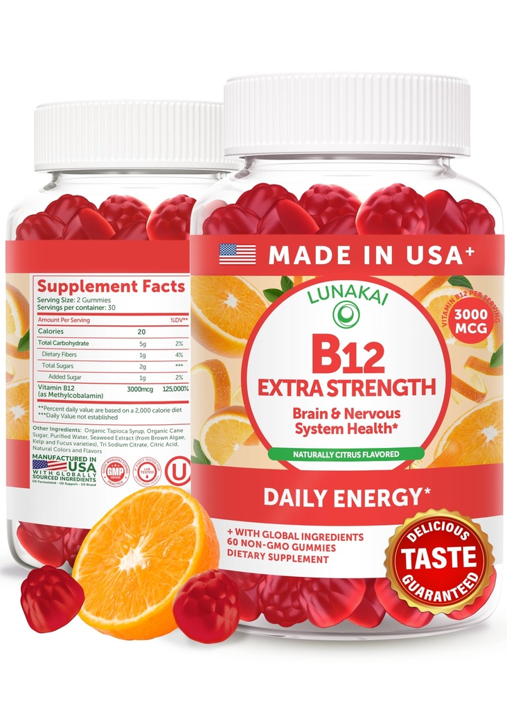 Lunakai Extra Forza 3000mcg Vitamina B12 Gummies - USA Made, Delicious Daily Energy & Metabolism Support - Vegan B12 Methylcobalamin Supplemento 60ct