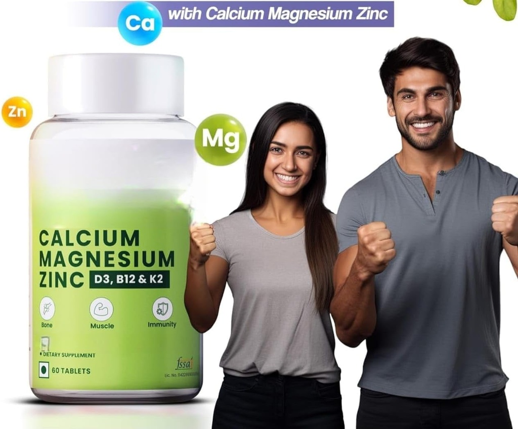 Calcio, Magnesio, Zinco con Vitamina D3 & B12, 1000mg I 60 Tabelle di Veg|Supporto Forte Giunti Salute |per Uomini e donne, 1 Conte, 60 Capsule