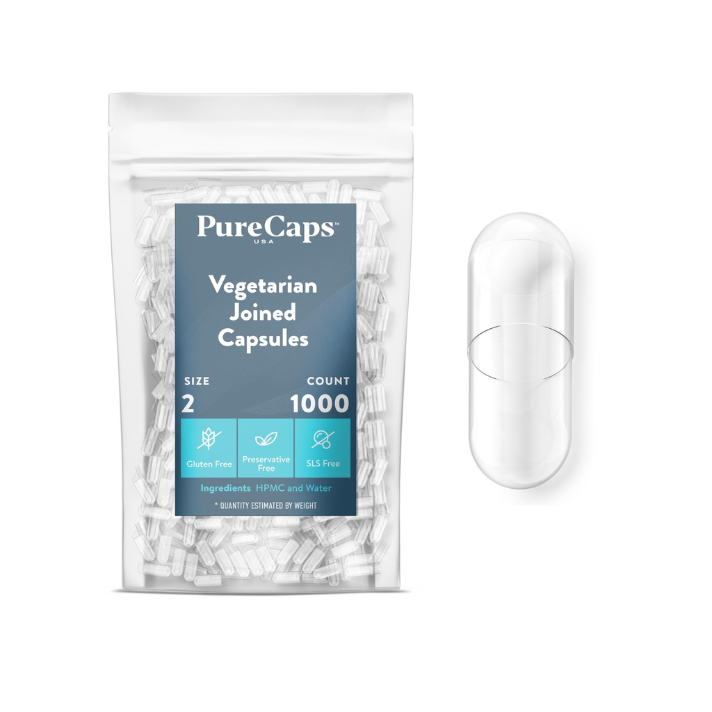 PureCaps USA - Empty Vegetariano Vegan Pillole Capsule Dimensioni 2| 1.000 Pillole associate| Clear| Non OGM Certified | SLS, Gluten, Preservative Free