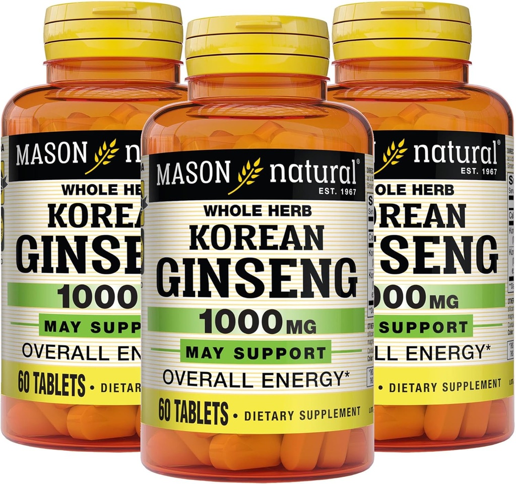 MASON NATURAL Korean Ginseng 1.000 mg, Supporta energia, Endurance & Vitality, 60 compresse, Confezione da 3