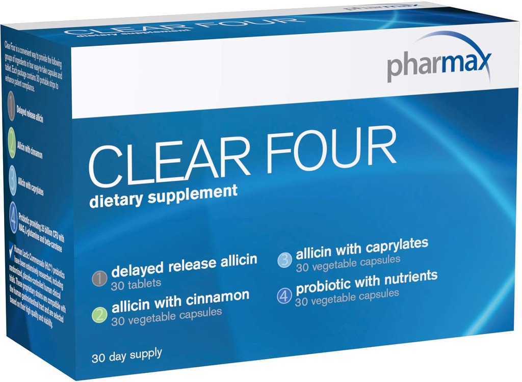Pharmax Clear Four | Probiotici Stabili allo Shelf per promuovere la salute Gastrointestinale | Alimentazione di 30 giorni