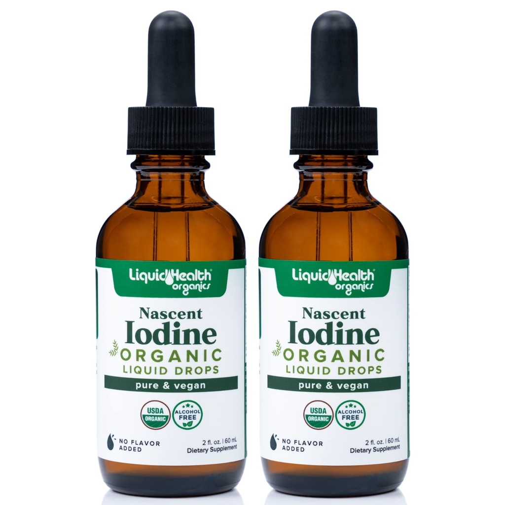 LIQUIDHEALTH USDA Organic Nascent Iodine Liquid Drops, Pure Iodine Supplemento per Thyroid & Immune Support, Energy Supplement - Made in USA, Vegan, Incolore, Tasteless Tincture (2 Pack)