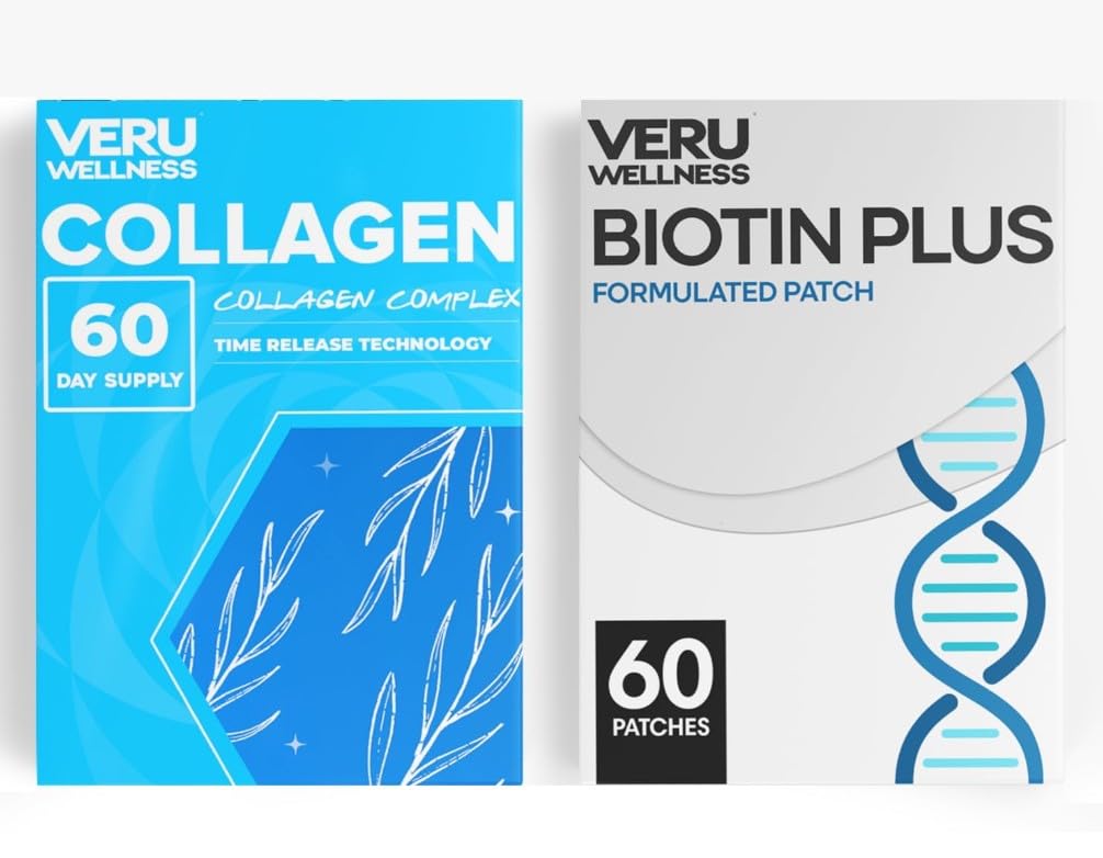 Veru Wellness Hair Skin Nail Duo Lifestyle Patches - Biotin Collagen - Self Adhesive Time Release Topical Patch, 8-10 ore (60 giorni di alimentazione)