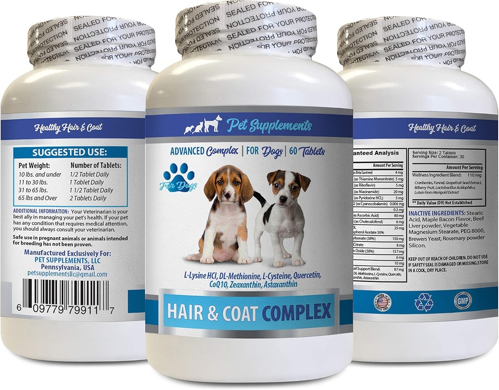 Dog Skin e Coat Supplements - Dogs Hair and Coat Complex - Advanced Skin Relief - Buono per chiodi - Cane Vitamina e - 1 Bottiglia (60 compresse)