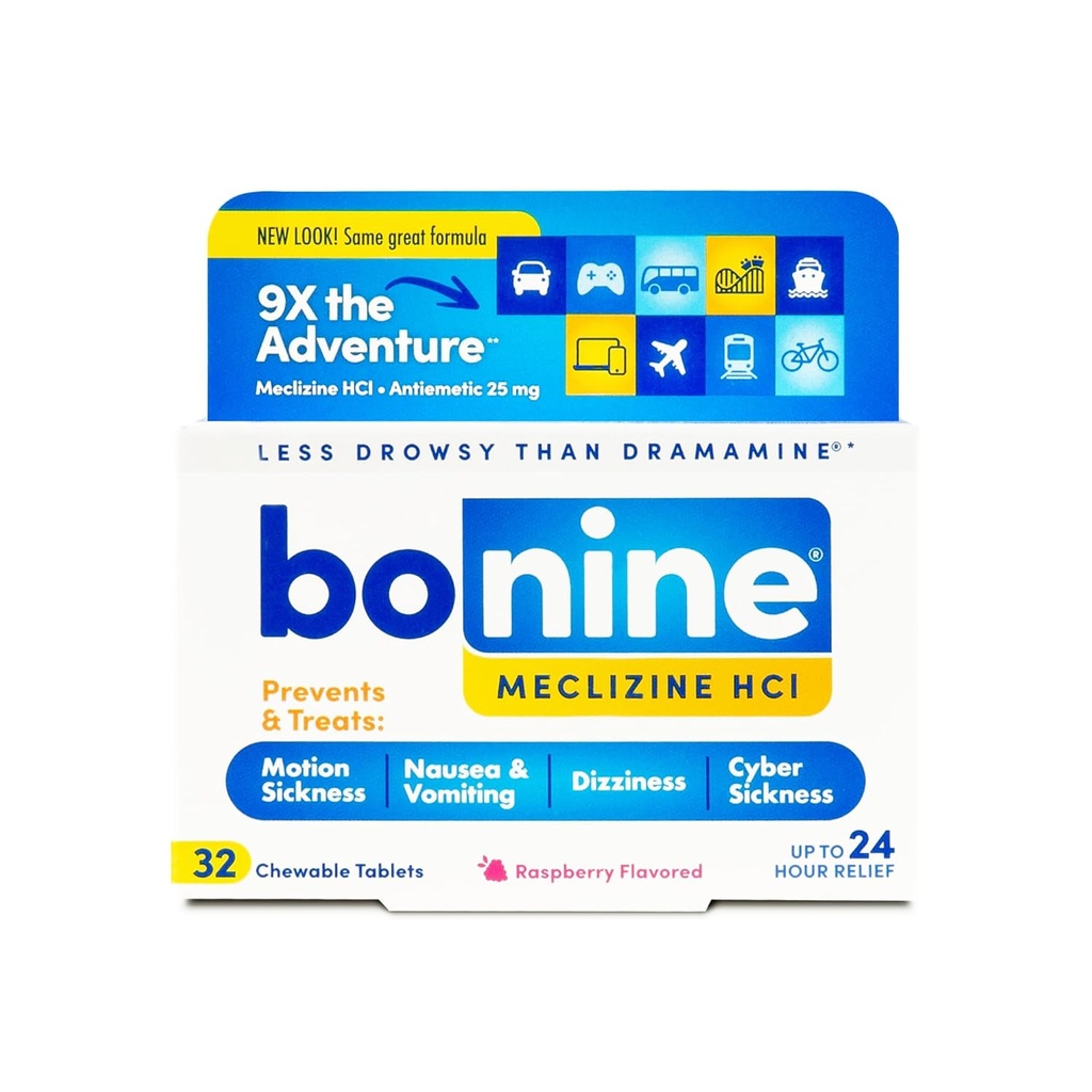 Rilievo di malattia di movimento non sonnolenta di Bonino - Compresse masticabili con Meclizine HCL 25mg - Medicina non dolorosa per nausea marina o movimento - Crociera Essentials - Raspberry Flavor, 32 compresse masticabili