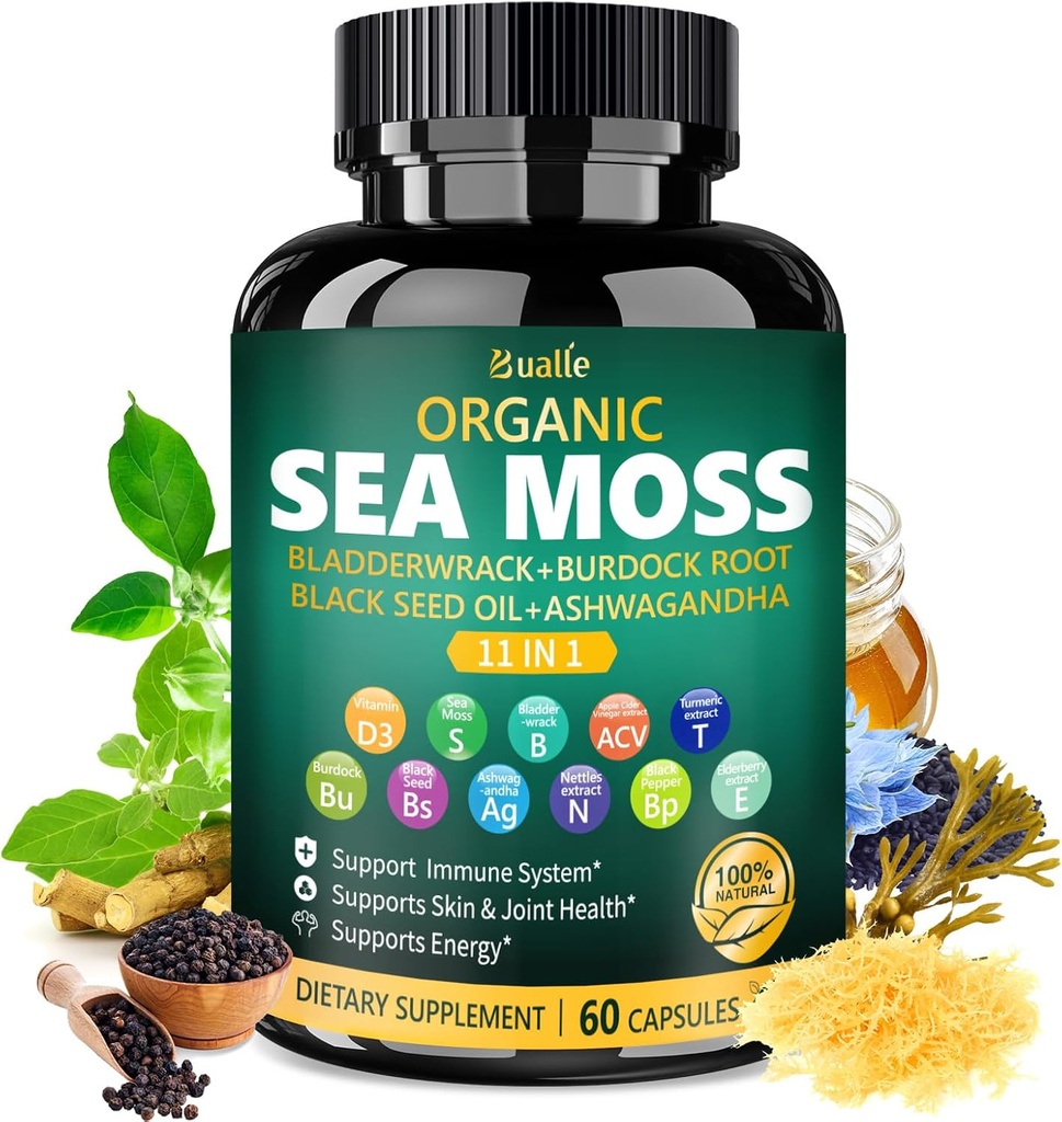 Bualle Organic Sea Moss capsule con olio di semi neri, Ashwagandha, Bladderwrack, Ginger & Burdock Root – Complesso di erbe per il benessere quotidiano – 60 capsule (1 pacchetto)